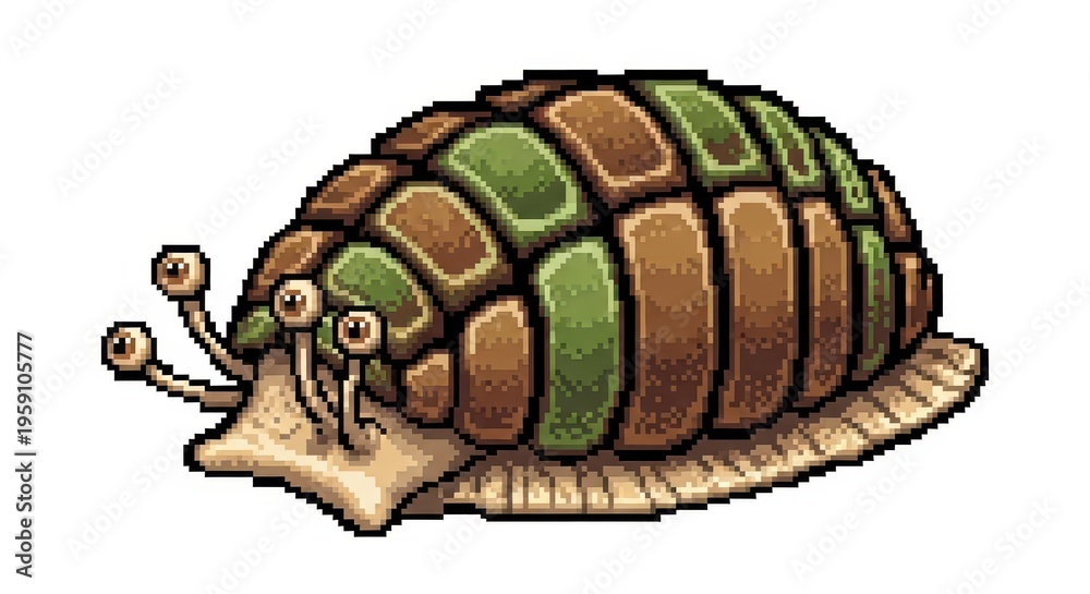 Fototapeta premium Pixel art rendering depicts a shelled creature with multiple eyestalks moving slowly across a surface