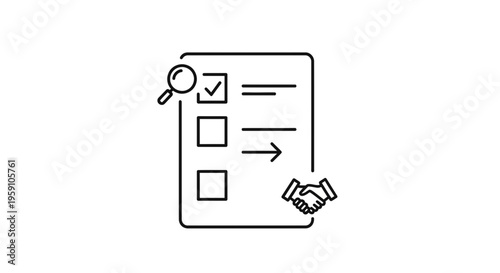Checklist, Magnifying Glass, Handshake Icon: Business Agreement, Research, and Success