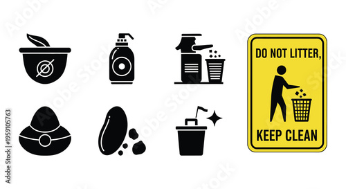 Icons depicting waste disposal cleaning and a do not litter sign