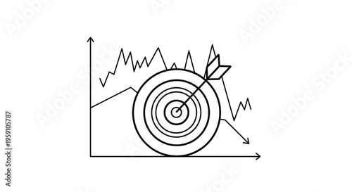 Business Target Success: Arrow hitting bullseye on stock market graph, concept of financial goals and achievement.