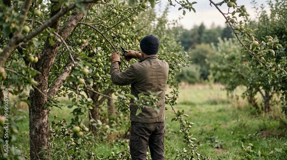 Εκτύπωση καμβά Man pruning an apple tree with small green fruits in an orchard on a cloudy day