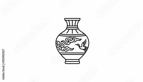 Chinese Vase with Crane and Clouds Illustration - Minimalist Line Art