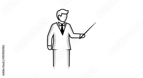 Businessman Presenting with Pointer Stick, Stick Figure Style, White Background