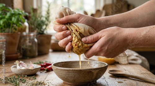 фотографія Hands squeezing liquid from cheesecloth containing crushed herbs and spices over