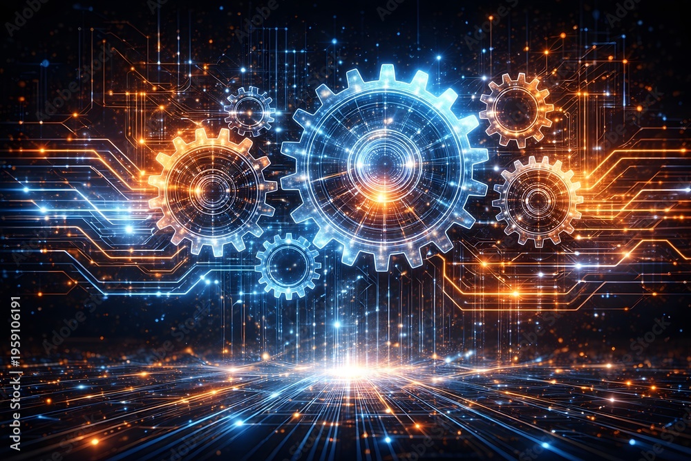 Fototapeta premium Futuristic technology concept with glowing gears and digital circuit patterns