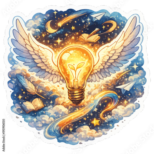 Idea Growing Wings Icon Representing Gentle Expansion of Imagination and Creativity | Imagination Sticker Symbolizing Concepts Taking Flight and Inspired Thinking | Minimalist Creative Idea Emblem 