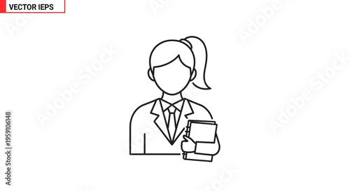 Businesswoman Icon Holding Books, Professional Woman Avatar with Tie and Ponytail
