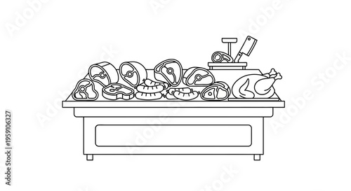 Butcher Shop Display: Assortment of Fresh Meats, Sausages, and Whole Roasted Chicken