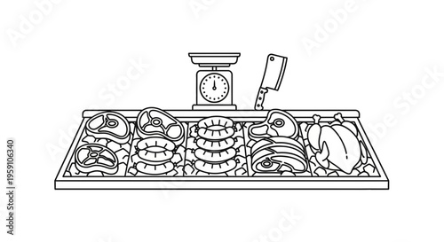 Butcher Shop Display: Assortment of Meats, Sausages, Chicken, and Scale