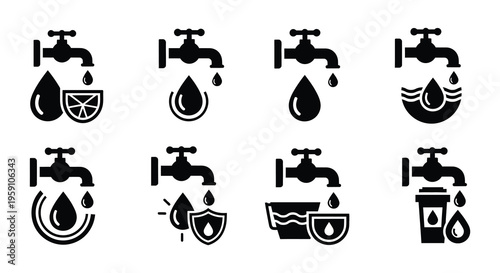 Various black icons depicting water sources droplets and fruit juices