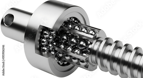 Detailed View of Ball Screw Mechanism for High-Accuracy Linear Positioning in Robotics and Industrial Machining Processes Steel Precision Motion Component Hardware Assembly Detail Macro Engineering