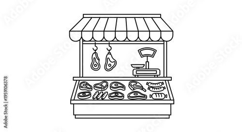 Butcher Shop Stall with Meats and Sausages Displayed, Vintage Scale