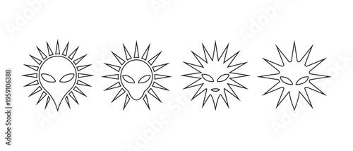 Set of alien sun icons, outline graphic design, stylized alien faces with spiky sun rays.
