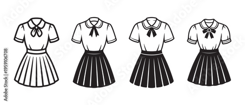 Classic school uniforms with sailor blouses, pleated skirts, and bow ties in a black and white illustration.
