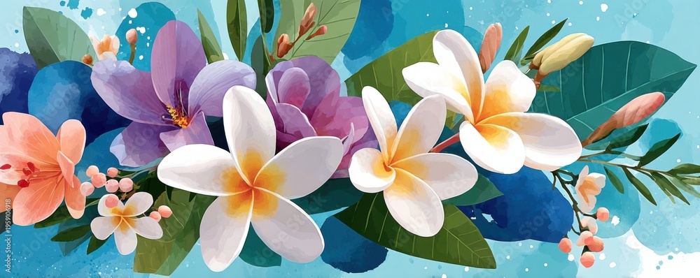 Obraz premium Tropical watercolor plumeria and frangipani bouquet with leaves on blue background