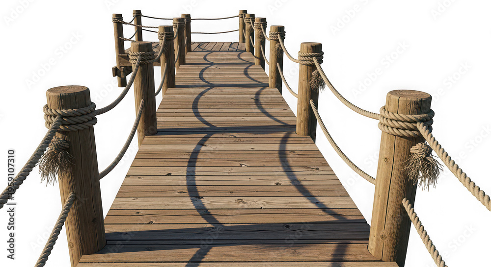 Fototapeta premium Wooden boardwalk pier with rope railings for lake or harbor isolated on transparent background