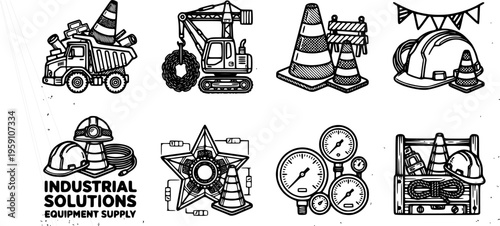 Playful construction icons set featuring dump truck excavator cone star and hard hat with built to party text