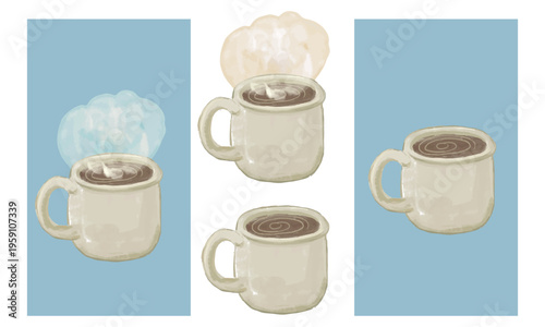 コーヒーカップと湯気の手描き水彩イラストセット 透過素材と背景付きバリエーション