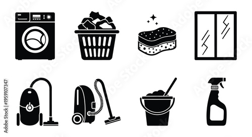 Black silhouette icons depicting various household cleaning appliances and tools
