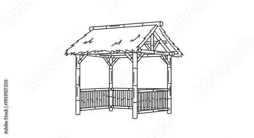 Bamboo Gazebo with Thatched Roof - Outline Drawing