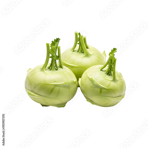 Three fresh green kohlrabi vegetables with leafy tops on transparent background