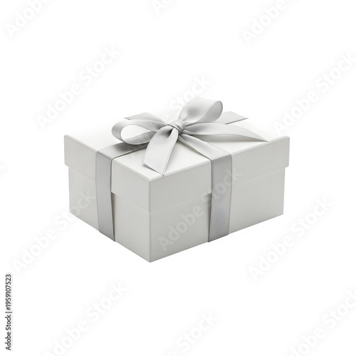 Elegant White Gift Box with Silver Ribbon on Transparent Background
