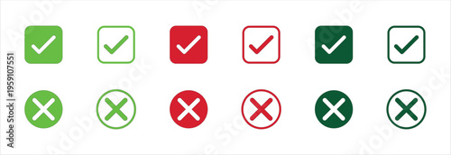 Check tick mark icon set. check box icon with right and wrong buttons and yes or no checkmark icons in green tick box and red cross. vector illustration