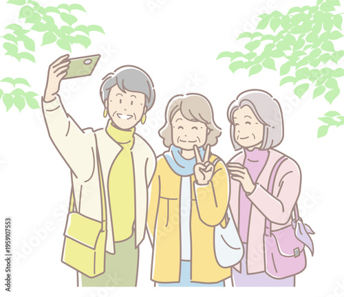 スマホのカメラで自撮りするシニア女性グループのイラスト