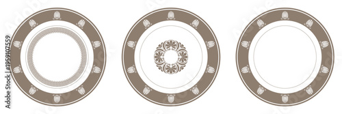 Set of four round decorative plates with floral ornament in gold color. Round frame with Greek key, meander. Circle frame. Egyptian, Assyrian, Greek motif. For engraving, embroidery, plate, porcelain