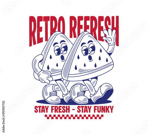 retro cartoon watermelon character with halftone detail. vintage mascot illustration for stickers, posters, t-shirt design, apparel fashion, and streetwear