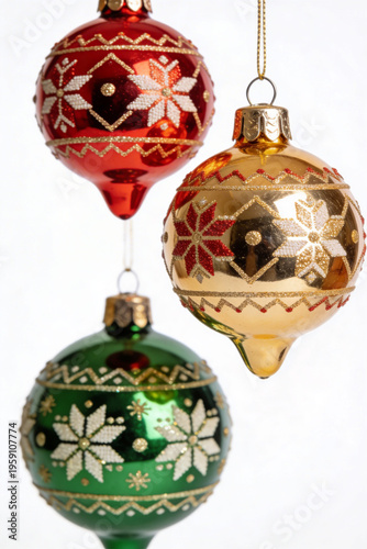 Three Red Gold and Green Christmas Bauble Ornaments with Snowflake Patterns Hanging Festive Illustration