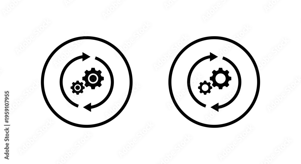 Fototapeta premium Sync gear icon in circular outline. Workflow automation symbol. System process sign