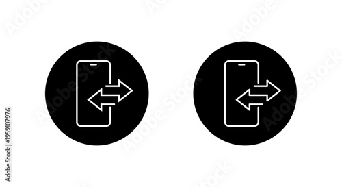 Smartphone data transfer icon in black circle. Phone call sync symbol. Mobile send receive sign
