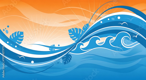 Vibrant abstract summer banner vector illustration featuring artistic blue and orange color gradient shapes, creative sunbeam aesthetic, and modern graphic design for seasonal background.