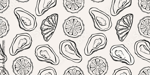 Hand drawn pattern of citrus slices and oyster shells on a pale background