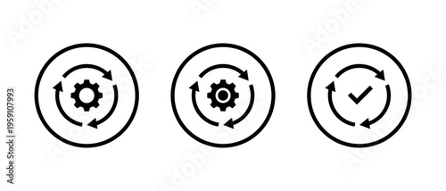 Gear sync icon in circular outline. System update symbol. Workflow automation sign
