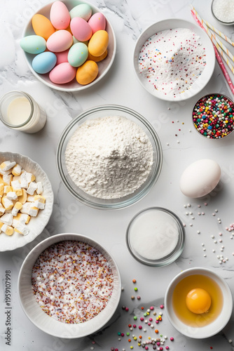 Easter Poke Cake ingredients neatly arranged 