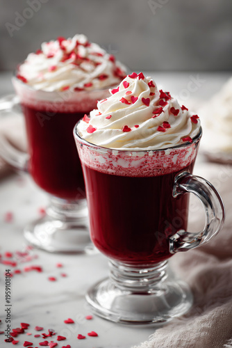 red velvet hot chocolate served in clear glass mugs with handles