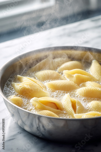 Jumbo pasta shells boiling  in a stainless steel pot
