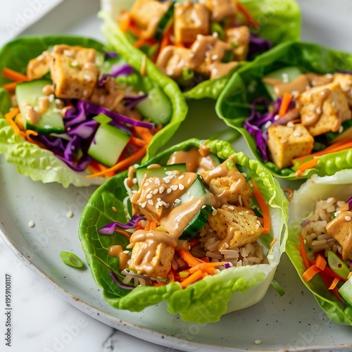 Tofu and Brown Rice Lettuce Wraps with Peanut Sauce