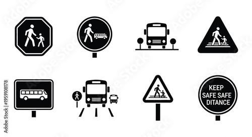 Bus and pedestrian safety signs emphasizing distance and awareness