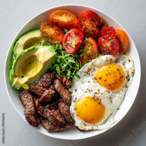 top view of a salad with separated ingredients which are fried eggs, beef, tomato and avocado 