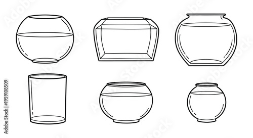 Line drawing of various shaped fish tanks and glass vessels