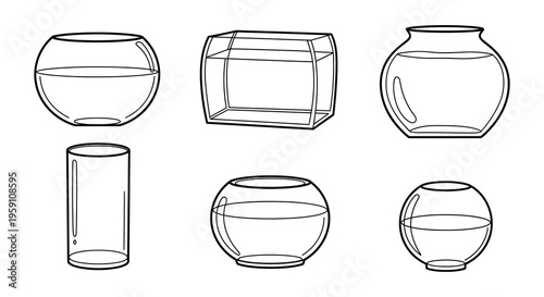 Line drawing of various shaped fish tanks and glass vessels