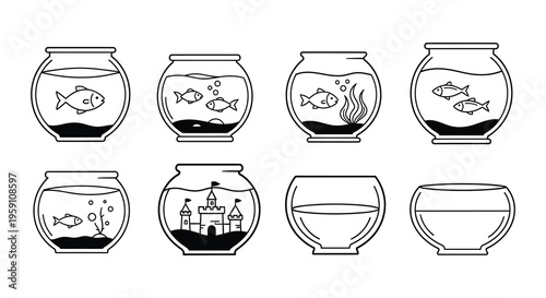 Line drawing of various shaped fish tanks and glass vessels