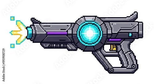 Stylized pixel artwork depicts a futuristic energy sidearm discharging a luminous beam.