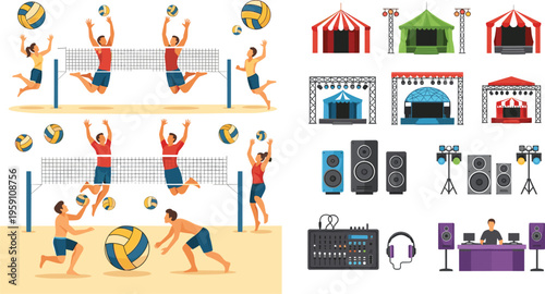 Beach volleyball players jumping and spiking at the net alongside music festival stage icons concert sound speakers and dj equipment for summer event design,