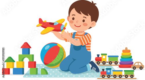 Happy Little Boy Playing with Colorful Toys Including Airplane, Wooden Blocks, Toy Train, Ball, and Pyramid Stacker Vector Illustration for Kids Education