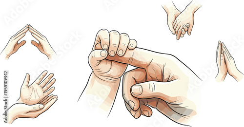 Hand Gestures Vector Icon Set Featuring Baby Holding Adult Finger Prayer Hands Protective Roof Shape and Supportive Palms for Family Care