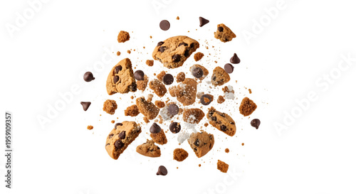 A vibrant explosion of cookie pieces against a dramatic black background